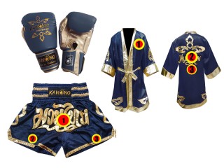 Kanong Custom Muay Thai Bundle (Gloves, Shorts, Robe) : Navy Lai Thai